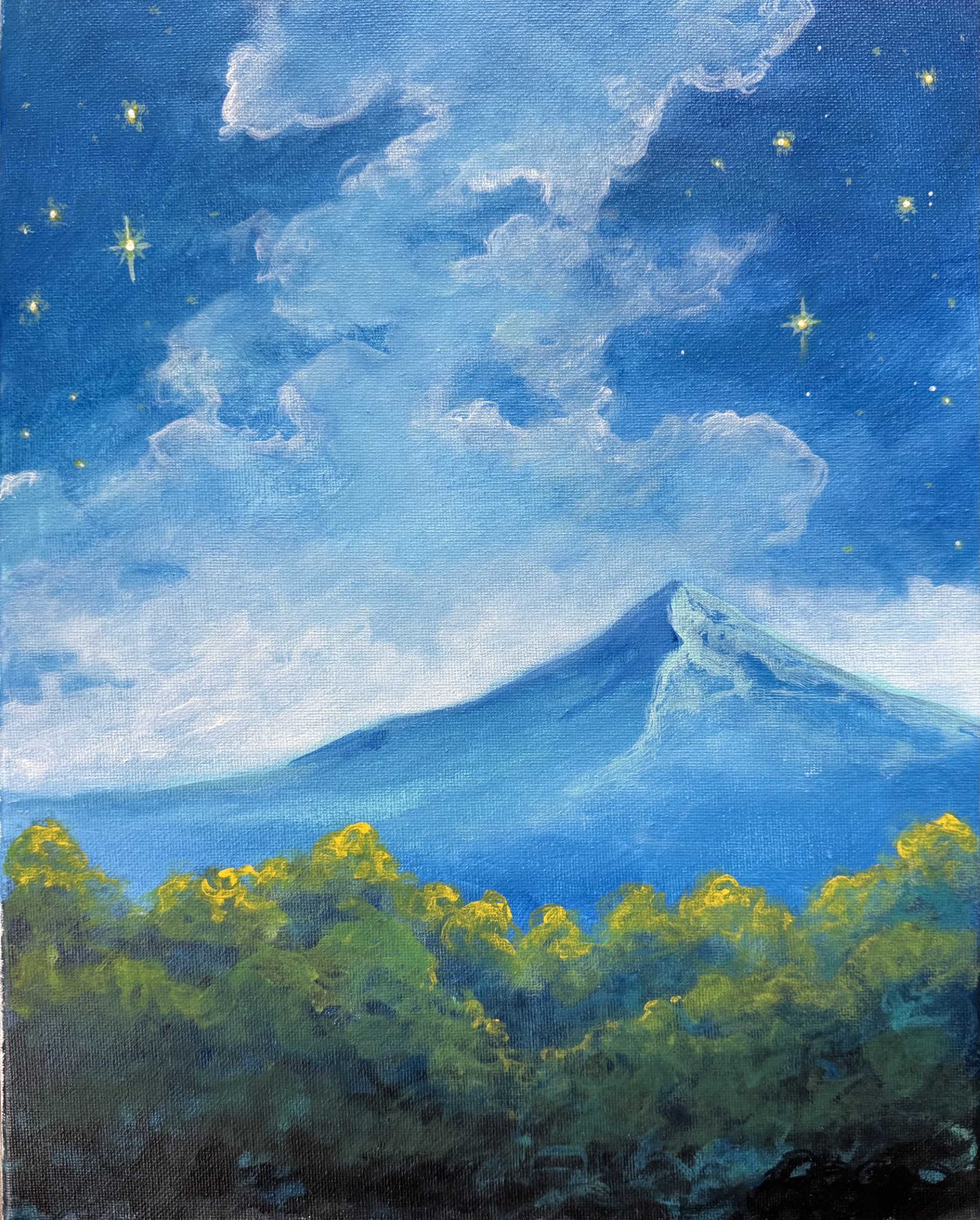 Painting of a mountain in the background with billowy clouds in the sky and green trees and brush in the fore